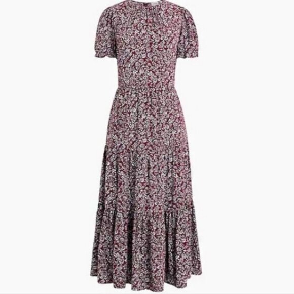 J. Crew Puff-sleeve tiered midi dress Size Small Burgandy Floral Print SiE Small - Picture 1 of 11